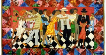 Groovin High (1986), acrylic on canvas, tie-dyed, pieced fabric border, 56 x 92 inches by Faith Ringgold