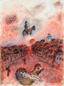 Repos sur coq et chevauchée au village rouge, ca. 1975–1978 gouache, tempera and ink on paper 65.3 x 50 cm by Marc Chagall (1887–1985)