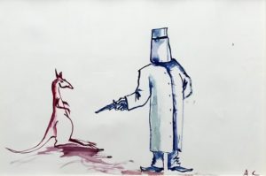 Ned Kelly Holding up a Kangaroo, 2009 Gouache on textured paper 56 × 83 cm by Adam Cullen (1965-2012)