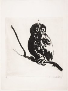 Startled (owl), 1984 sugarlift aquatint, printed in black ink on ivory wove paper 75.9 x 56.8 cm by Brett Whiteley (1939-1992)