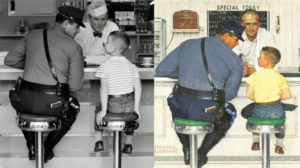 The Runaway (1958) photograph (left) oil painting (right) 35 x 33 inches by Norman Rockwell (1894-1978)