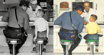 The Runaway (1958)
photograph (left) oil painting (right) 35 x 33 inches 
by Norman Rockwell (1894-1978)