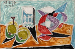 Still Life: Fruits and Pitcher, January 22, 1939 Oil and enamel on canvas 27.2 x 41 cm by Pablo Picasso 