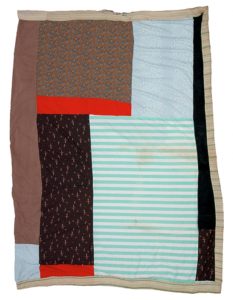 Blocks and Stripes, c. 1980 Cotton, crepe, acetate, polyester, corduroy 89 x 65 inches by Irene WIlliams (1920-2015) 