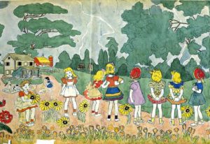 Untitled watercolour by Henry Darger (1892-1973), a Chicago hospital custodian whose 15,145-page, single-spaced fantasy manuscript called The Story of the Vivian Girls, in What Is Known as the Realms of the Unreal, of the Glandeco-Angelinian War Storm, Caused by the Child Slave Rebellion, along with several hundred drawings and watercolor paintings illustrating the story were discovered posthumously in his apartment. 
