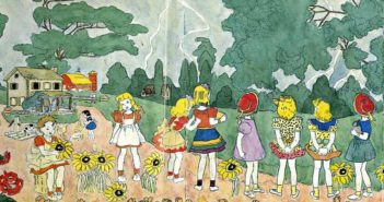 Untitled watercolour
by Henry Darger (1892-1973), a Chicago hospital custodian whose 15,145-page, single-spaced fantasy manuscript called The Story of the Vivian Girls, in What Is Known as the Realms of the Unreal, of the Glandeco-Angelinian War Storm, Caused by the Child Slave Rebellion, along with several hundred drawings and watercolor paintings illustrating the story were discovered posthumously in his apartment.