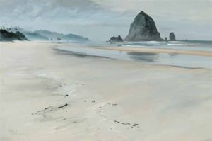 Haystack Rock (n.d.) oil on board 24 x 36 inches by Egbert Oudendag (1914 - 1998)