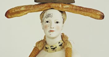 Retrospective Bust of a Woman 1933 (some elements reconstructed 1970)
Painted porcelain, bread, corn, feathers, paint
on paper, beads, ink stand, sand, and two pens
29 x 27 1/4 x 12 5/8 inches
by Salvador Dalí  (1904-1989)