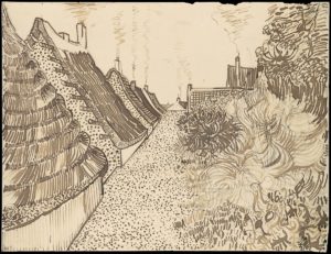 Street in Saintes-Maries-de-la-Mer, ca. July 15, 1888 Reed pen, quill, and ink over chalk on wove paper (backed with wove paper) 24.3 x 31.7 cm by Vincent van Gogh