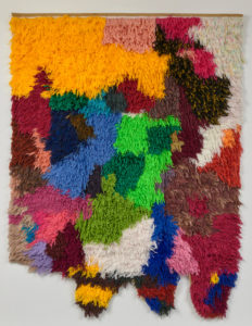 Rug 1, 2019 Handwoven fabric, natural and synthetic fabric, hair 74 4/5 × 59 1/10 inches by Sarah Zapata (b. 1988)