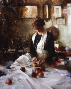 Nancy and Apples Oil on canvas 30×24 inches by Richard Schmid (1934-2021)