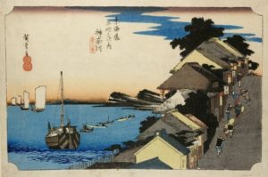  Station Kanagawa, View of the Embankment (dai no kei, 臺之景/台之景); variant c; publisher seal Take (竹) (Hoeidō), circa 1833-35 Colour woodblock by Utagawa Hiroshige (1797-1858)