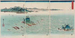 View of the Whirlpools at Awa triptych, 1857, part of the series Snow, Moon and Flowers Colour woodblock by Utagawa Hiroshige