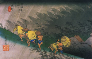 Travellers Surprised by Sudden Rain, 1832 Colour Woodblock by Utagawa Hiroshige (1797-1858)