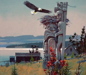 The Eagle Returns, 2005 Acrylic on canvas 30 x 34 inches by Robert Genn (1936- 2014) This painting was a permanent gift to the American Bald Eagle Foundation, Haines, Alaska.