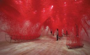Uncertain Journey 2016 Metal frame, red wool by Chiharu Shiota