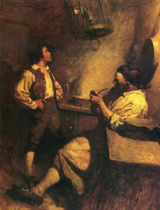 Jim Hawkins, Long John Silver and his Parrot Illusration from Robert Louis Stevenson's Treasure Island, published by Charles Scribners, NY, 1911 by N.C. Wyeth