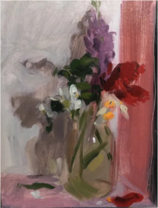 Daffodil, Tulip and Hyacinth, 2018 Oil on board 35 x 28 cm by Serena Rowe (b. 1977) 