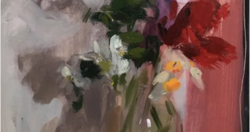 Daffodil, Tulip and Hyacinth, 2018
Oil on board
35 x 28 cm
by Serena Rowe (b. 1977)