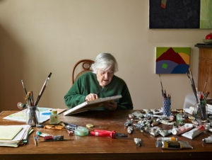 Poet and author Etel Adnan in her studio in Paris, 2018. Her paintings did not draw attention until she was in her 80s. James Mollison photo.