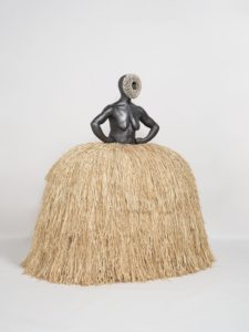 No Face (Pannier), 2018 Terracotta, graphite, salt-fired porcelain, steel, raffia 72 5/8 × 75 × 58 inches by Simone Leigh (b. 1967)