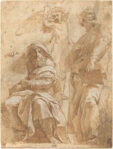 The Prophets Hosea and Jonah, ca. 1510 Pen and brown ink with brown wash over black chalk, heightened with white and squared for transfer on laid paper 10 5/16 × 7 7/8 inches by Raphael (1843 - 1520)