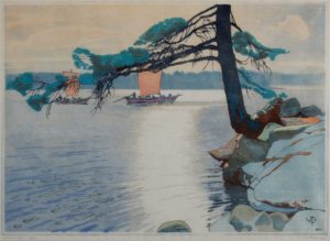 Poplar Bay, Lake of the Woods, 1930 Colour woodcut print 23.9 x 33.5 cm by Walter Joseph (W.J.) Phillips (1884–1963)