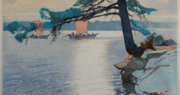 Poplar Bay, Lake of the Woods, 1930
Colour woodcut print 23.9 x 33.5 cm
by Walter Joseph (W.J.) Phillips (1884–1963)