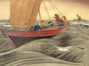 York Boats on Lake Winnipeg, 1930 Colour woodcut 26 × 34.9 cm by Walter J. Phllips