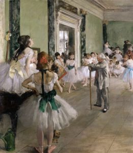 The most ambitious of Degas' works devoted to dance, with 24 ballerinas and their mothers, who wait while a dancer executes an "attitude" for ballet master Jules Perrot. Yet, there is room for the viewer to breathe and for the eyes to joyfully wander around the picture. In the foreground, first position and a Yorkie. The Dance Class, 1875 Oil on canvas 85 × 75 cm by Edgar Degas