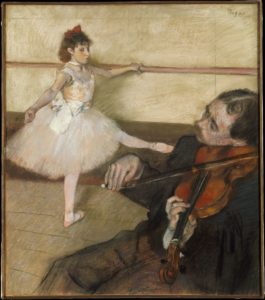 Degas added strips of paper at the top and right in order to improve the composition and include the violinist. The Dance Lesson, ca. 1879 Pastel and black chalk on three pieces of wove paper, joined together 64.5 x 56.2 cm by Edgar Degas