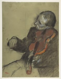 Violinist, Study for "The Dance Lesson", ca. 1878–79 Pastel and charcoal on green wove paper; squared for transfer in charcoal 15 3/8 x 11 3/4 inches by Edgar Degas