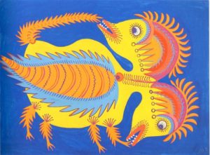 Two Headed Chicken, 1977 gouache, fluorescent paint, paper 62.8 x 85.4 cm by Maria Primachenko One of 25 of the artist's works burned in the Ivankiv Historical Museum, as a result of Russia’s invasion of Ukraine. 