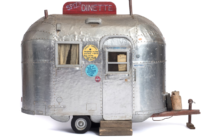 Spiz’s Dinette, 1998
Stick pins, Popsicle sticks, cigarette-pack foil
by Dean Gillespie (b.1965) 
While an inmate in Ohio state prisons — a case of wrongful conviction — Gillespie made dozens of miniatures including this Airstream camper.
