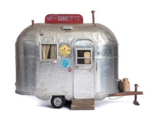 Spiz’s Dinette, 1998 Stick pins, Popsicle sticks, cigarette-pack foil by Dean Gillespie (b.1965) While an inmate in Ohio state prisons — a case of wrongful conviction — Gillespie made dozens of miniatures including this Airstream camper. 