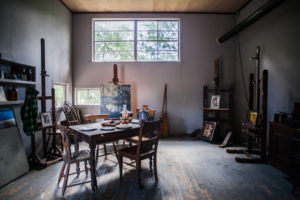 Tom Thomson (1877 - 1917) studio (interior). The shack was located adjacent to the studio building Dr. James MacCallum and Lawren Harris erected on Severn Street, Toronto. in 1968, the shack was relocated to the McMichael Conservation Collection of Art in Kleinberg, Ontario. 