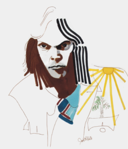 Neil Young, circa 1968-71 Watercolour, pen and ink on paper by Joni Mitchell (b. 1943) 